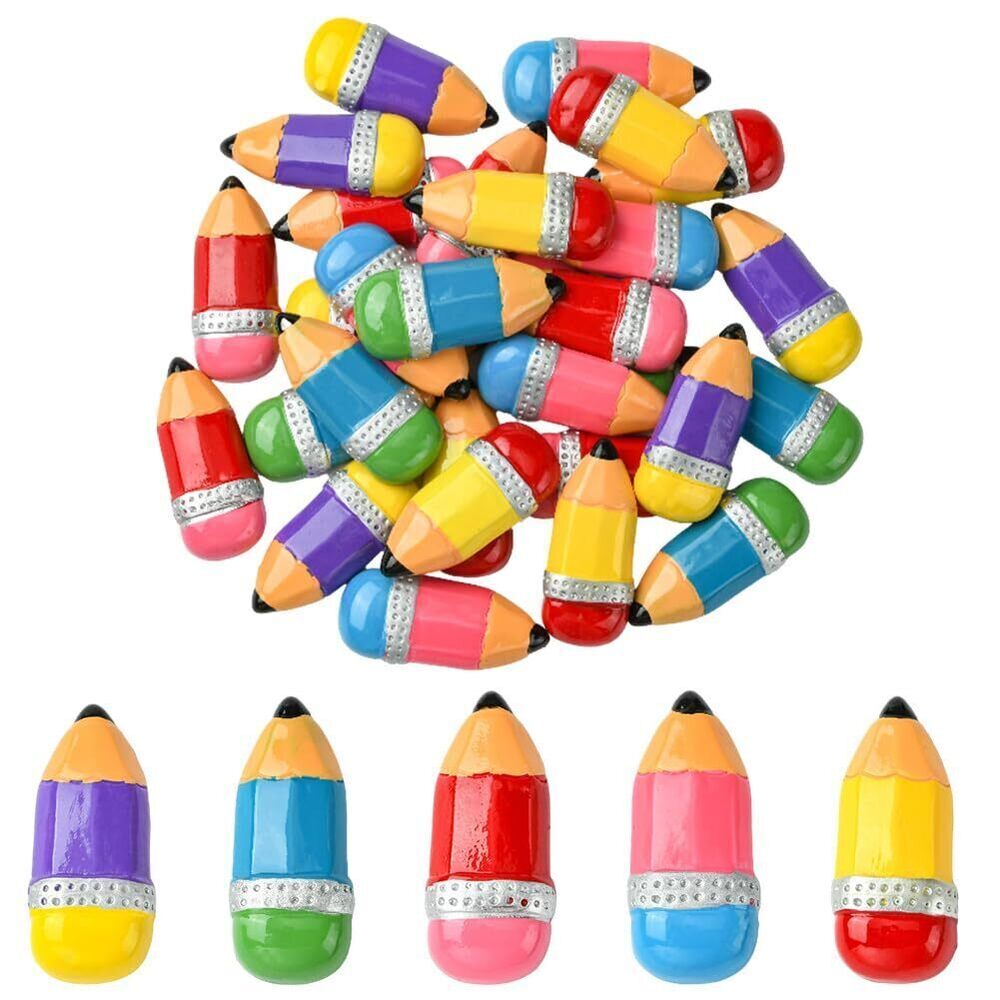 2227 1 Box 30Pcs 5 Colors Pencil Shaped Charms Teacher Cabochons Bulk Resin
